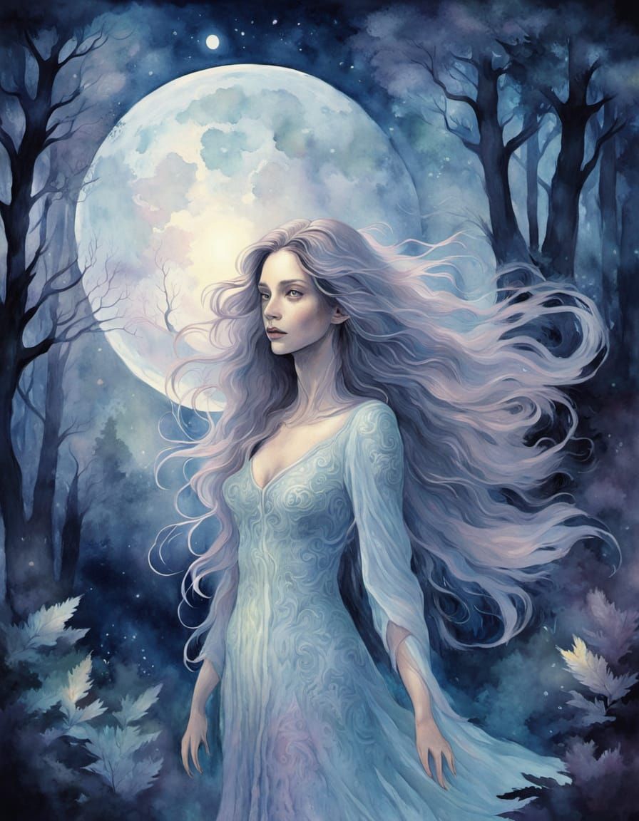 Mystical Woman in Moonlit Forest Watercolor