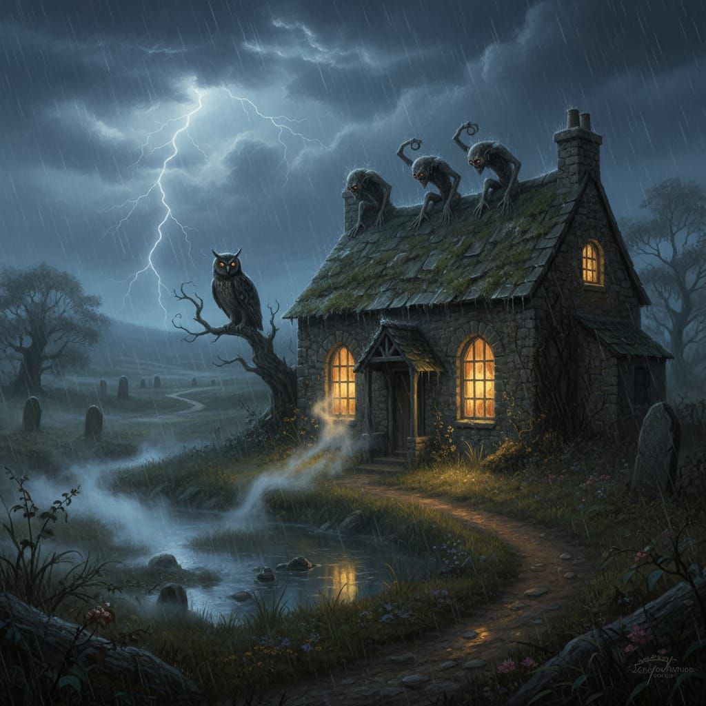 Gloomy Moor House With Ghouls Under Lightning