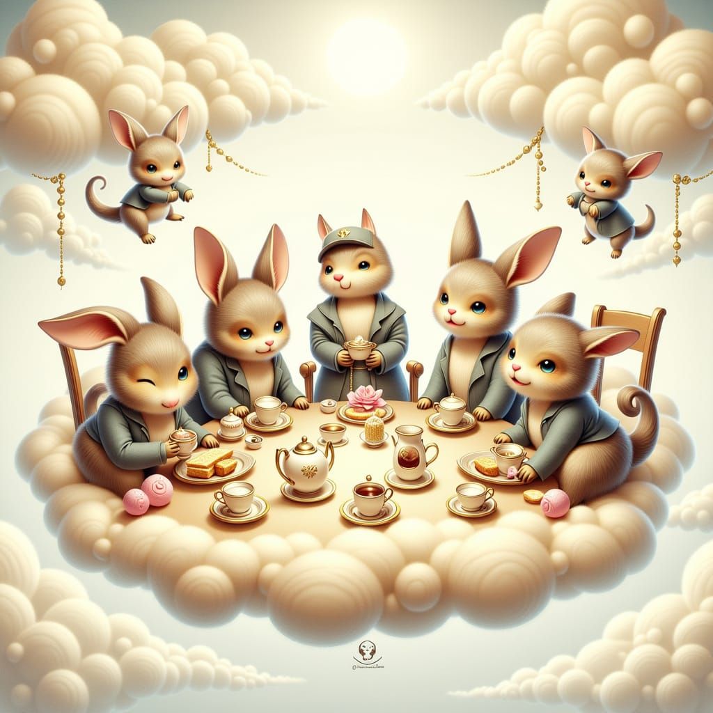 Whimsical Cloud Tea Party with Animals in Storybook Style