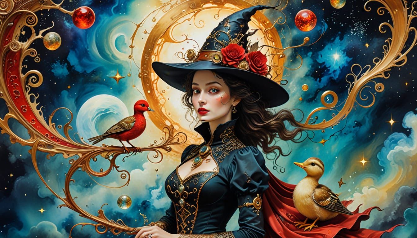 Steampunk Witch and Duckling in Surreal Space