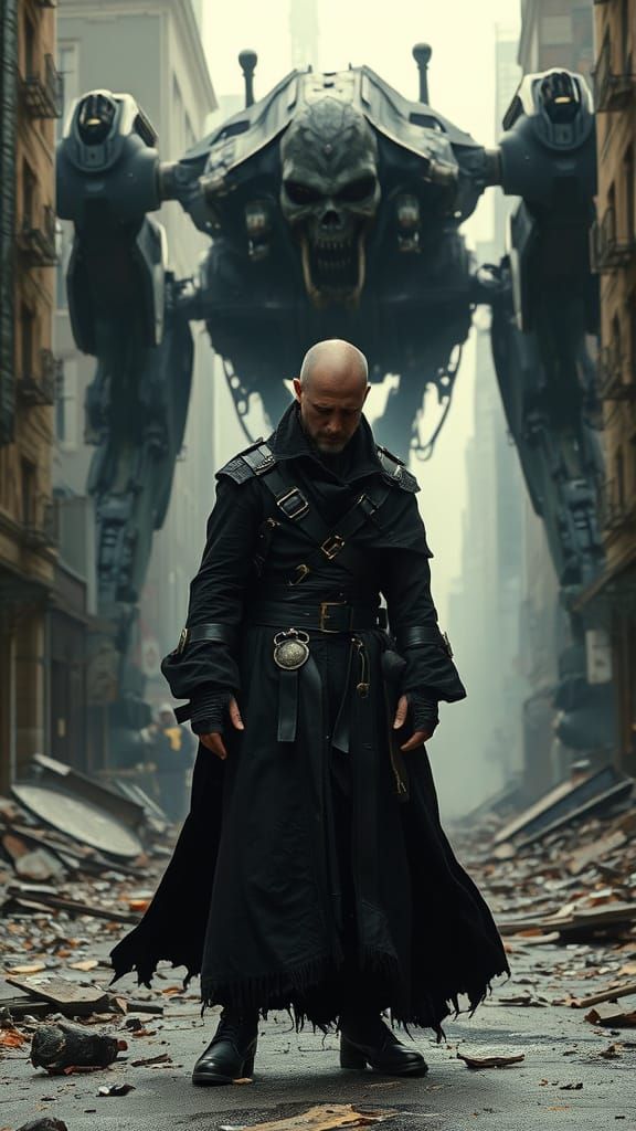 Cyberpunk Ruin: Gothic Figure and War-Mech