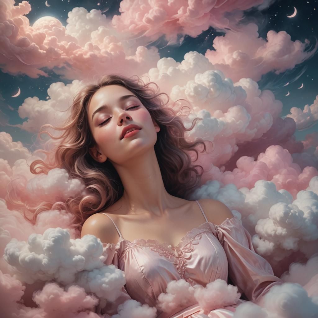 Dreamy Surrealism: Woman Amidst Sleep Clouds