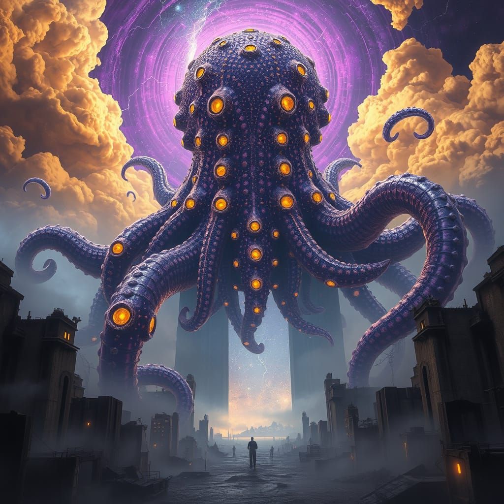 Cosmic Horror God Emerges from Portal in Ruined City