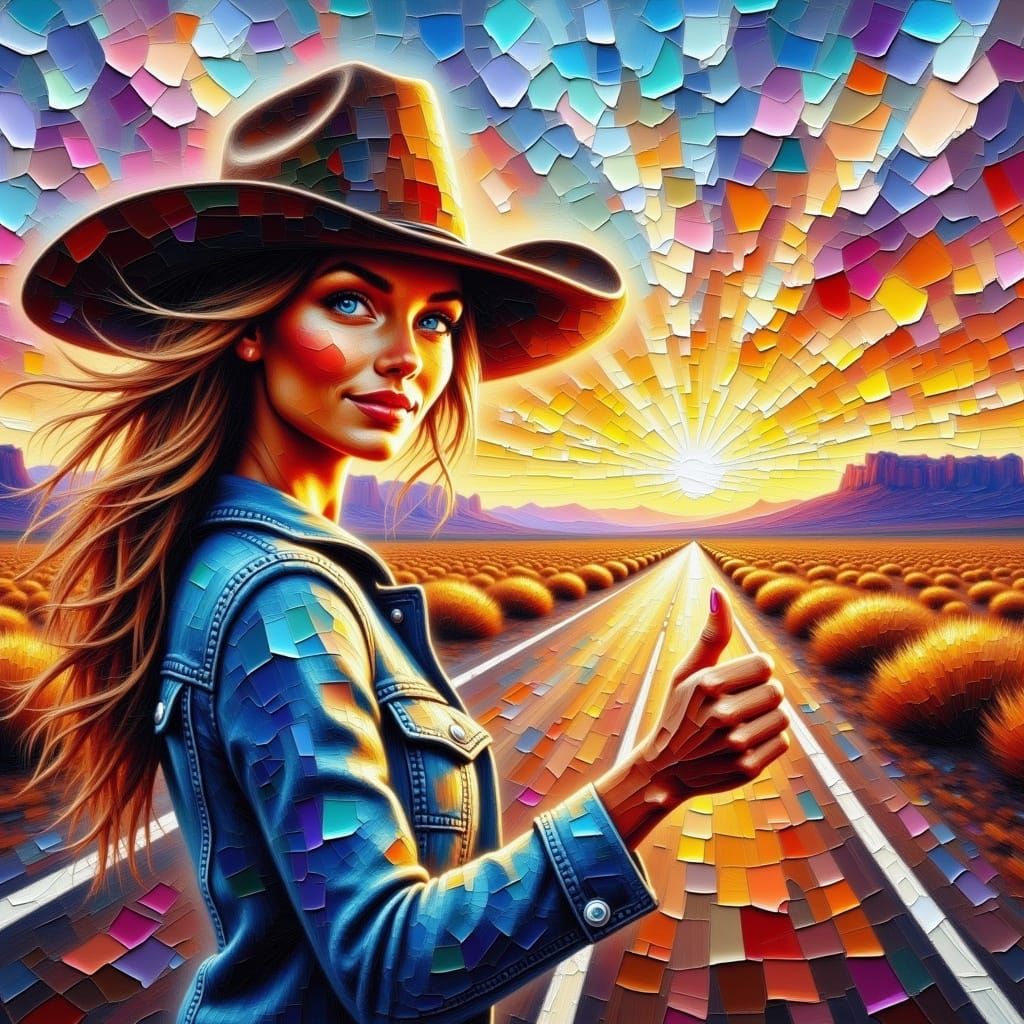Cowgirl Hitchhiking on Desert Highway as Impasto Painting