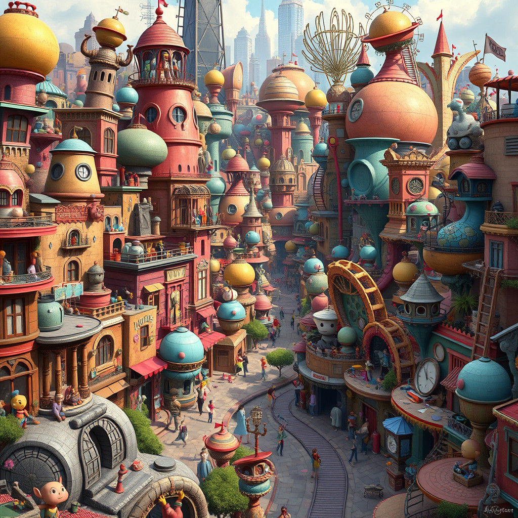 Whimsical Cityscape with Zany Buildings and Bizarre Objects