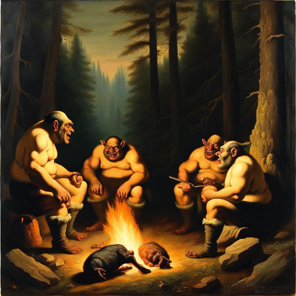 Ogres Campfire Feast: Romanticism Style Painting