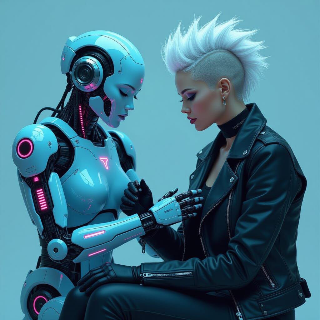 Cyberpunk Tattoo: Woman and Retro-Futuristic Robot