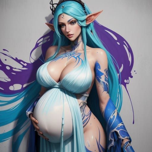 Pregnant High Elf Queen in Vibrant Graffiti Splash Art