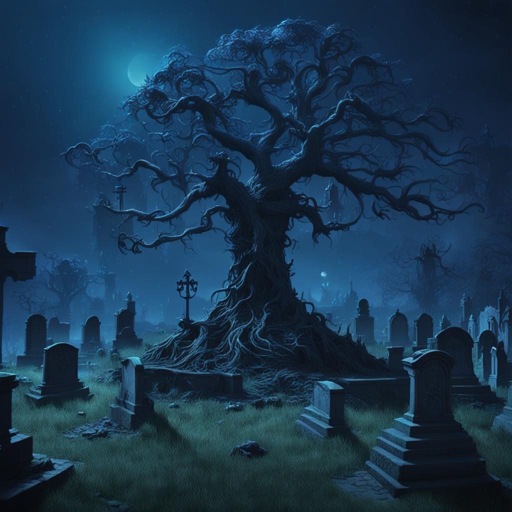 Eerie Graveyard Scene with Boney Tree: Detailed Matte Painti...