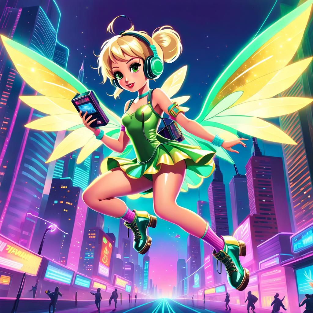 Tinkerbell in Synthwave Roller Disco Cityscape