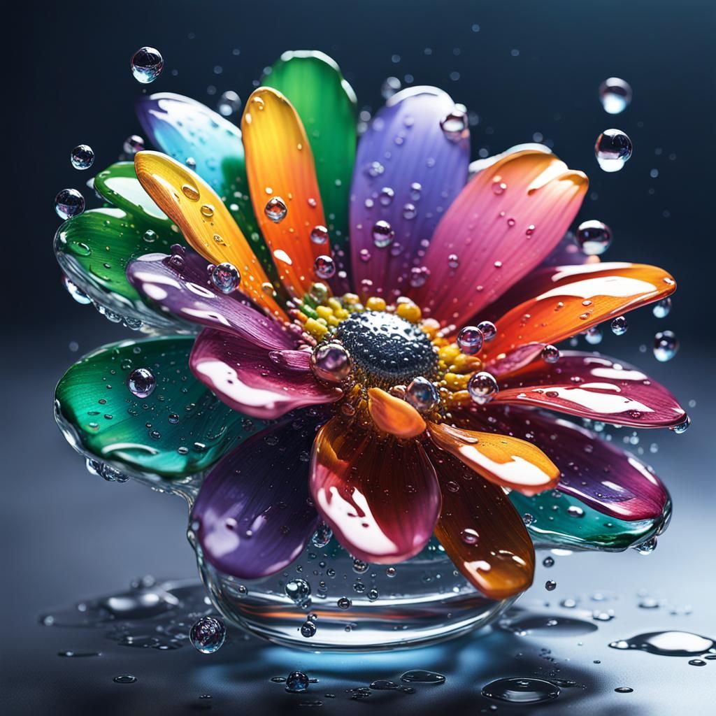 Hyperrealistic Glass Flower with Water Droplets