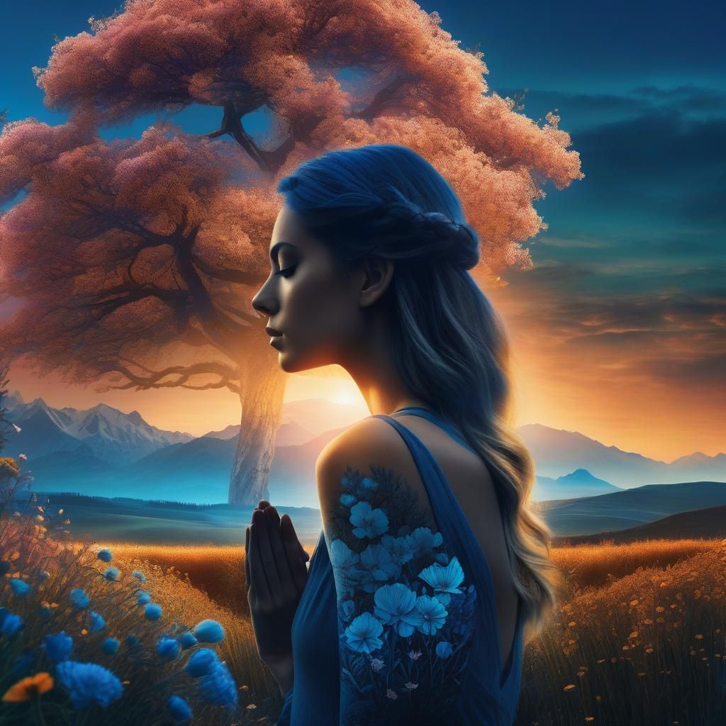 Girl in Prayer with Smoky Tattoo Landscape