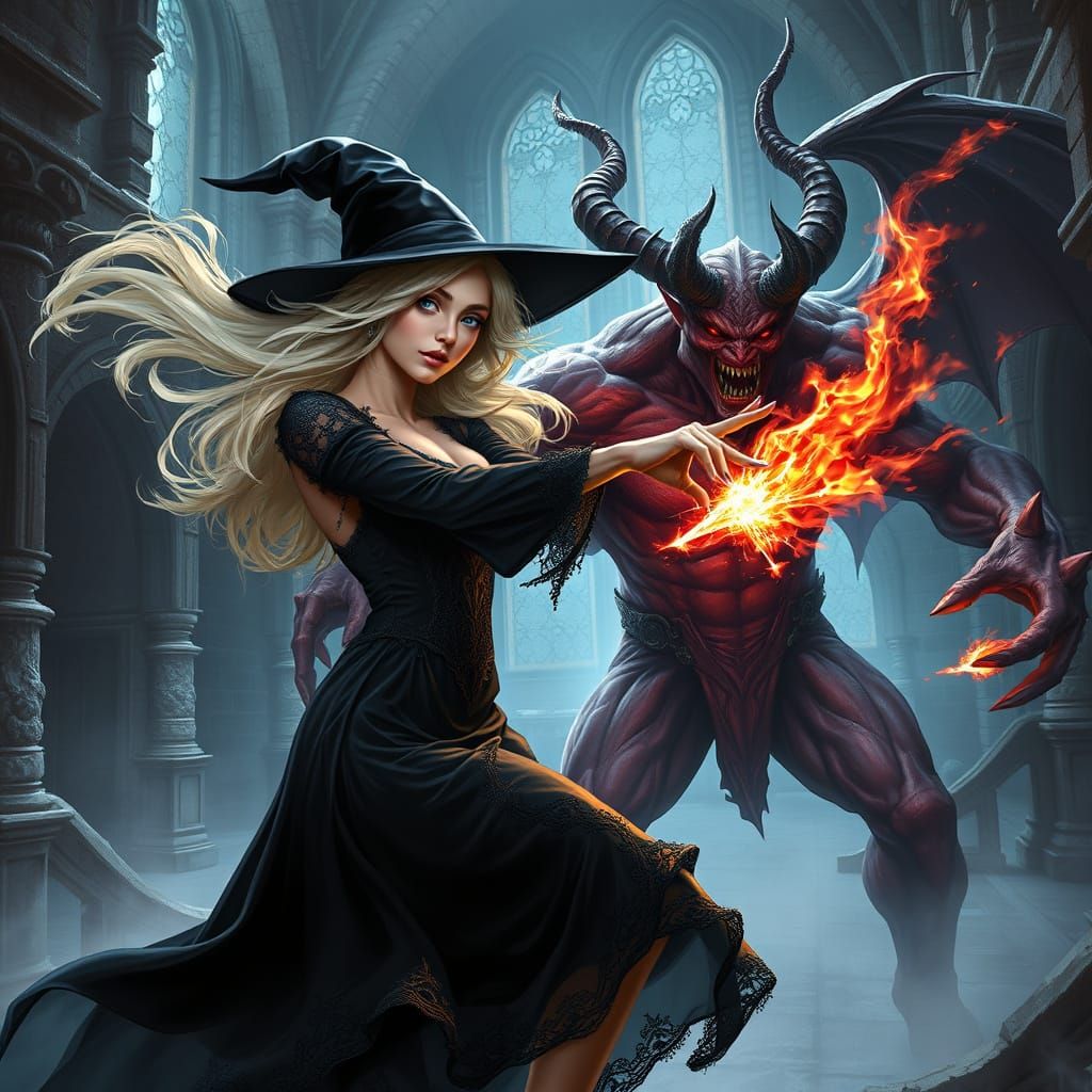 Ethereal Witch Battles Crimson Demon in Ancient Castle