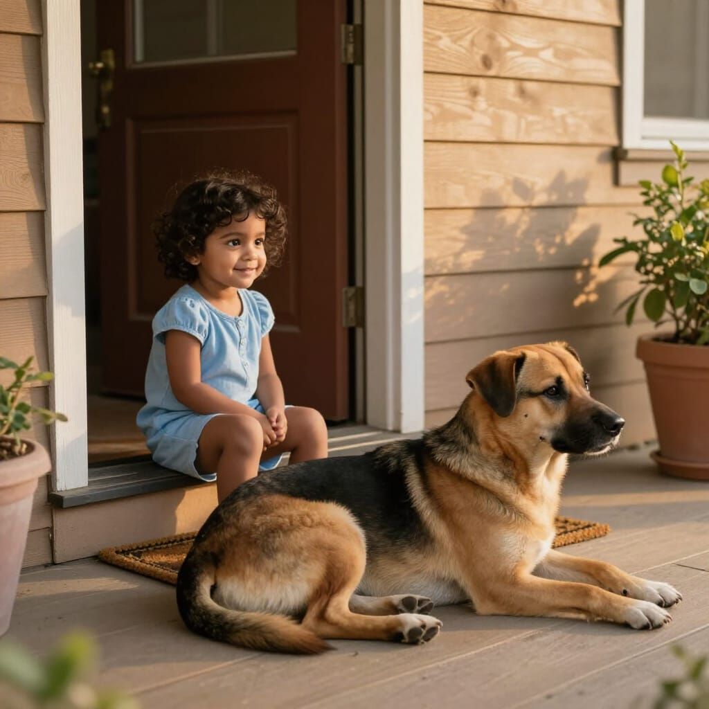 Toddler Girl and Dog Await Welcome Home