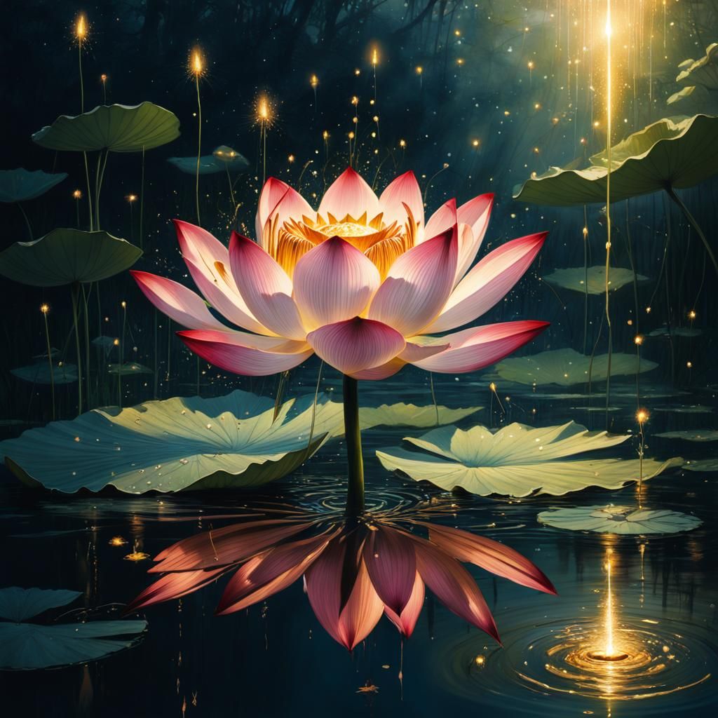 Glowing Lotus in Lake with Fireflies