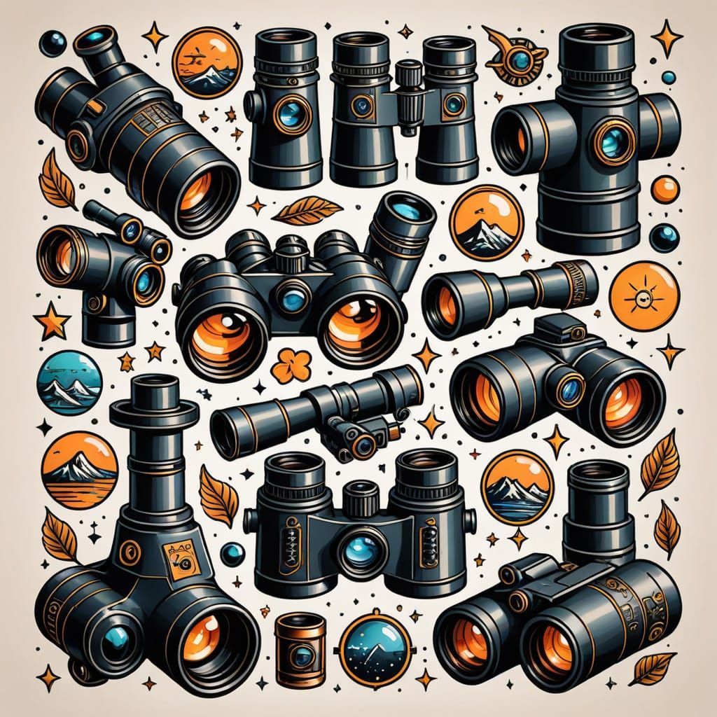 Traditional Flash Tattoo Art of Binoculars and Telescopes