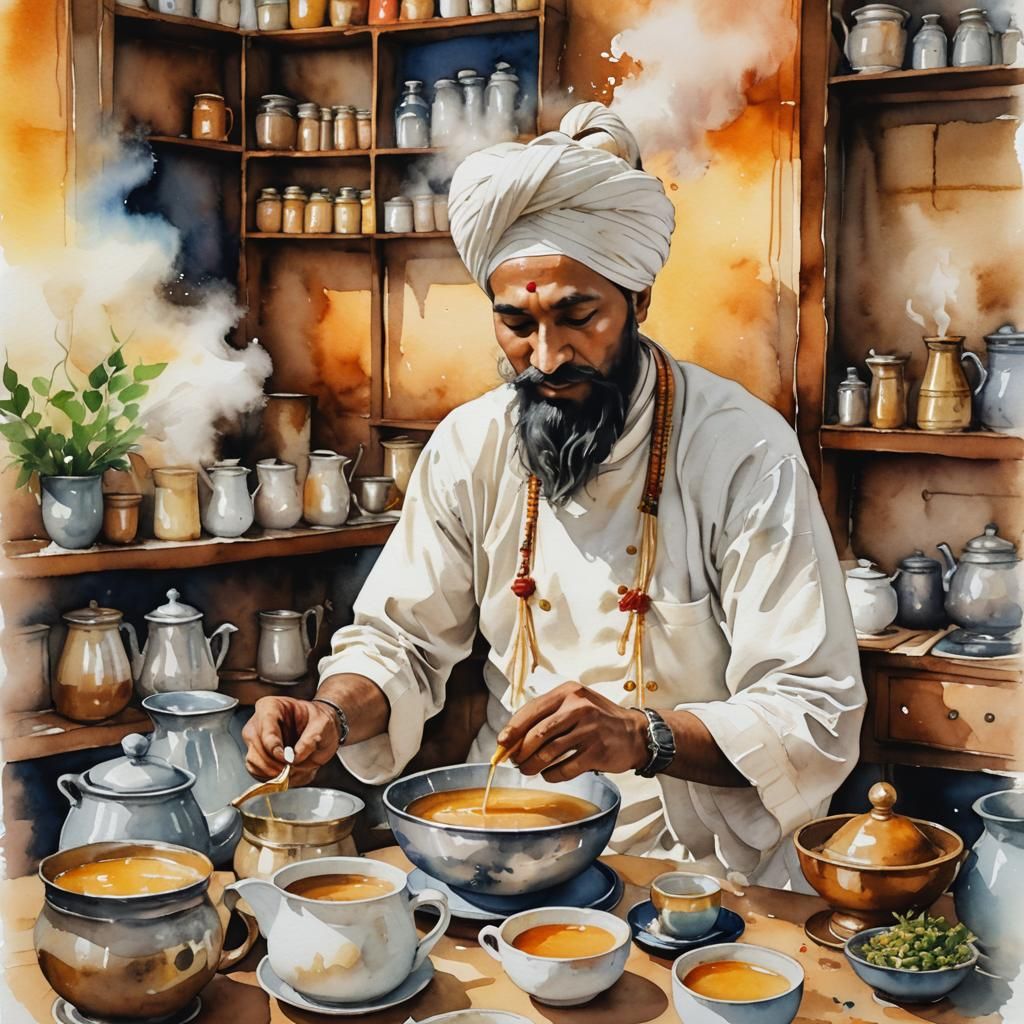 Chai Wallah Preparing Tea as Abstract Watercolor