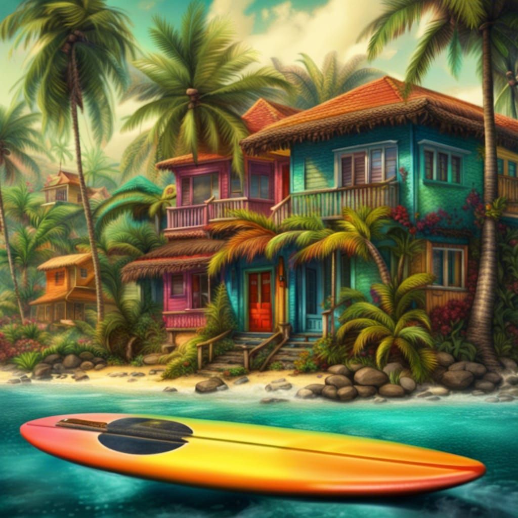 Caribbean Island Houses with Surfboard: Photorealistic Fanta...