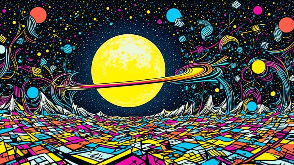 Luminous Moon in Cosmic Swirls, Illustrative Style