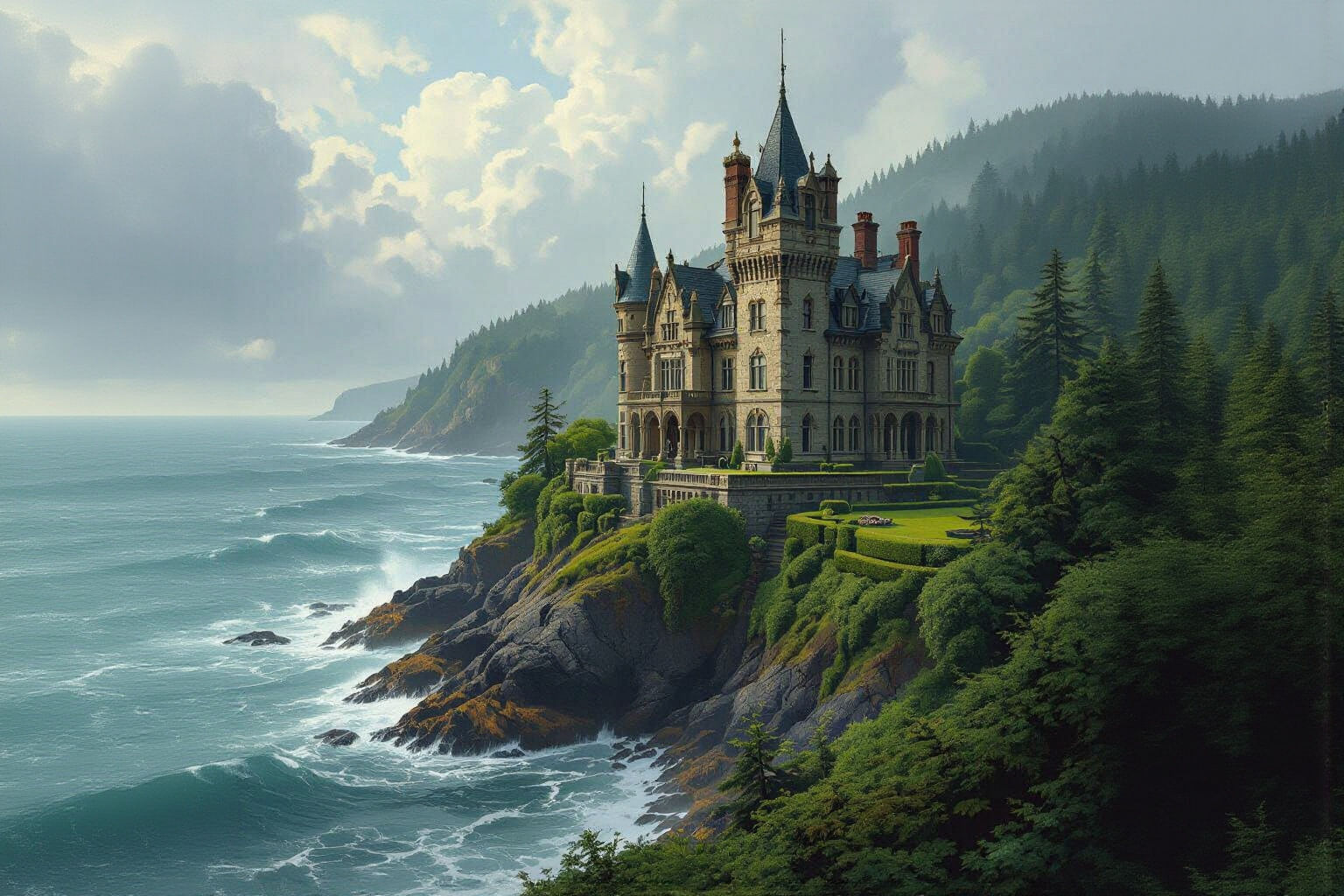 Seaside Castle on Cliff with Gardens
