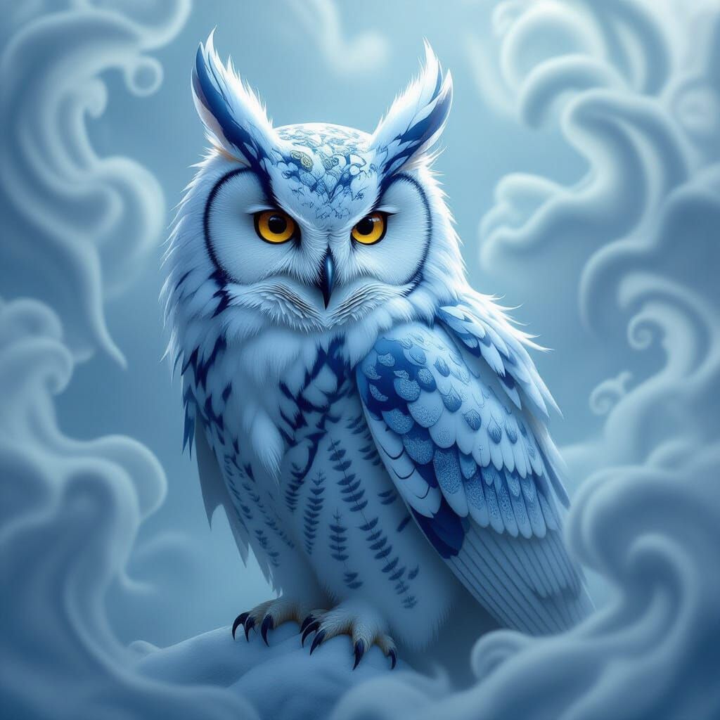 Majestic Owl-Ice Dragon Hybrid in Dreamlike Style