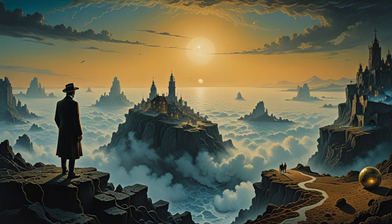 Time Traveler Stands at Edge of Surreal Landscape with Sleep...