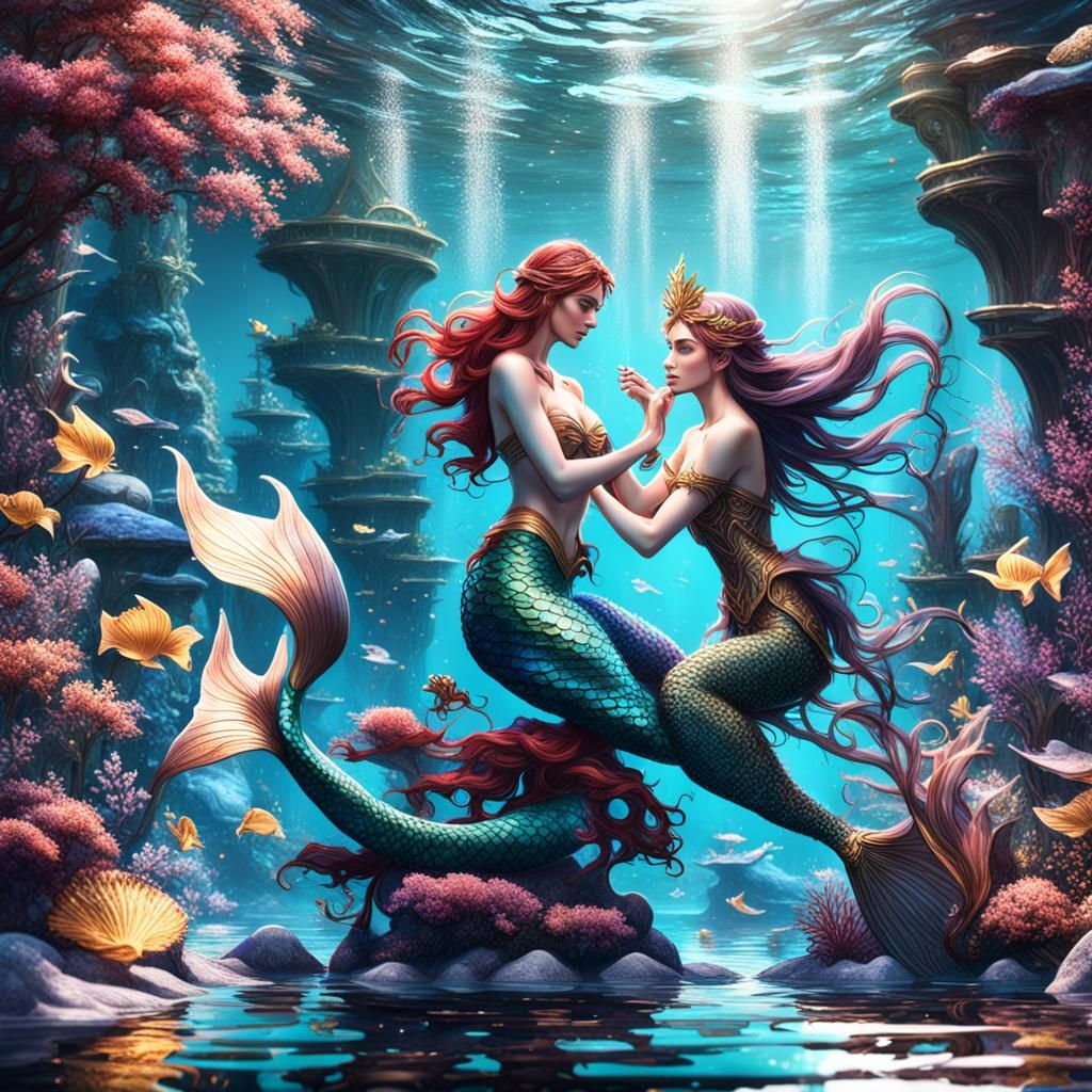 Mermaid and Fairy in Love: Fantasy Art