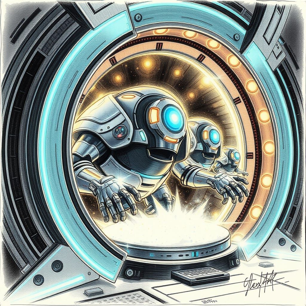 Futuristic Machine Opens Portal: Miyazaki-Style Drawing