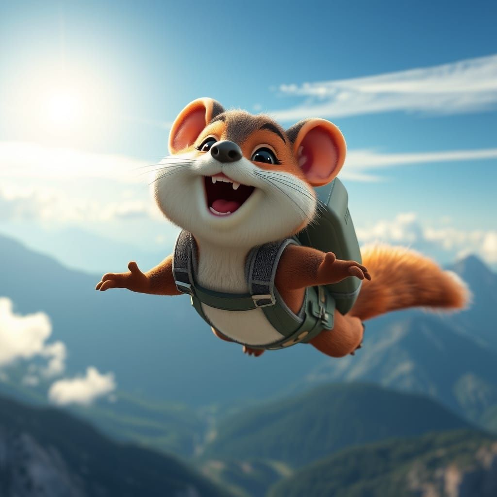 Charming Weasel Soars Through the Mountains in a Vibrant Pix...