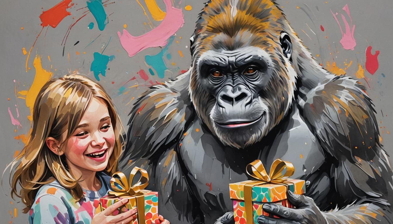 Girl and Gorilla: Whimsical Gouache Painting