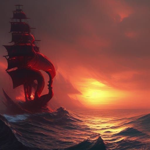 Kraken Attack on Pirate Ship at Sunset