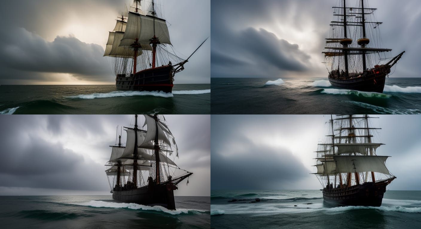 Pirate Ship Amidst Tumultuous Storm at Night