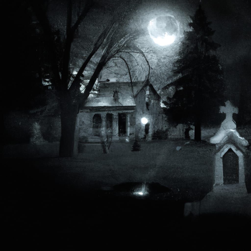Ominous Haunted Mansion in Cemetery on Halloween