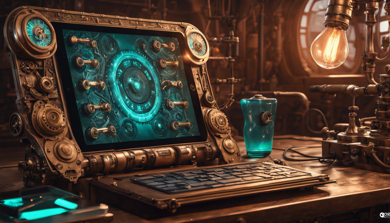Steampunk Android Tablet Charging Station, Hyper-Realistic D...
