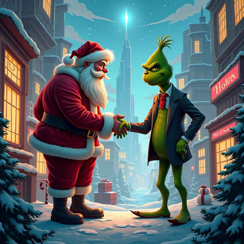 Futuristic Santa Claus Meets the Grinch in a Vibrant, Paper-...