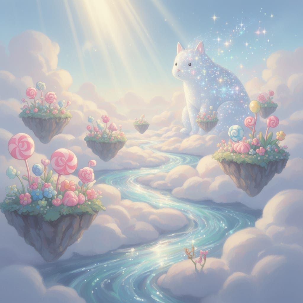 Pastel Dreamscape with Floating Islands and Starlight Giant