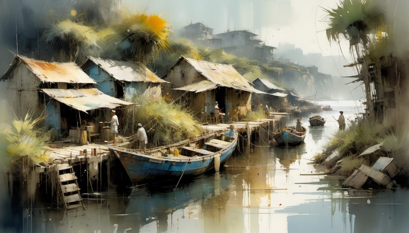 Rustic Jungle Fishing Village Watercolor Painting