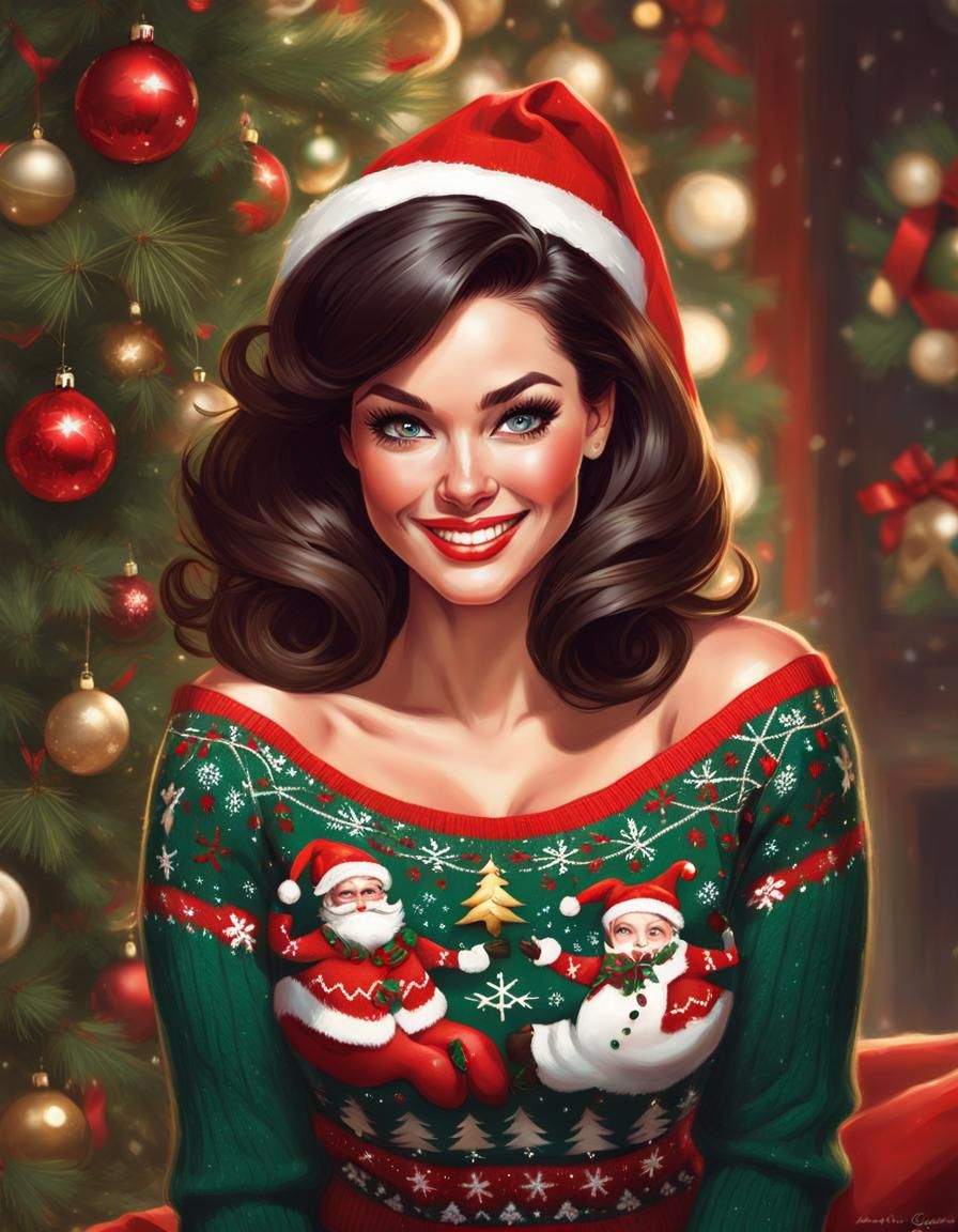 Beautiful Woman in Ugly Christmas Sweater, Pin-Up Style