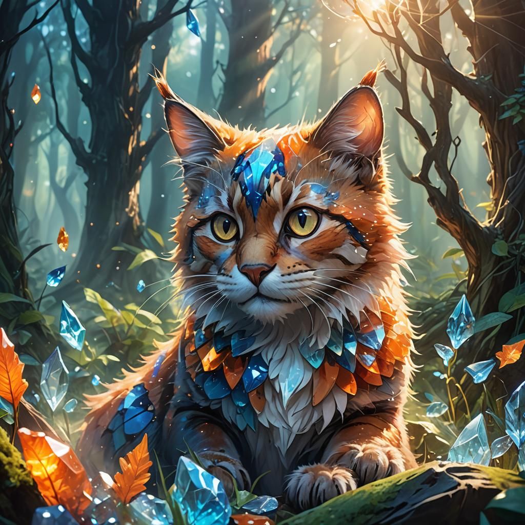 Glass Cat Gleams in Mystical Forest: Fantasy Art