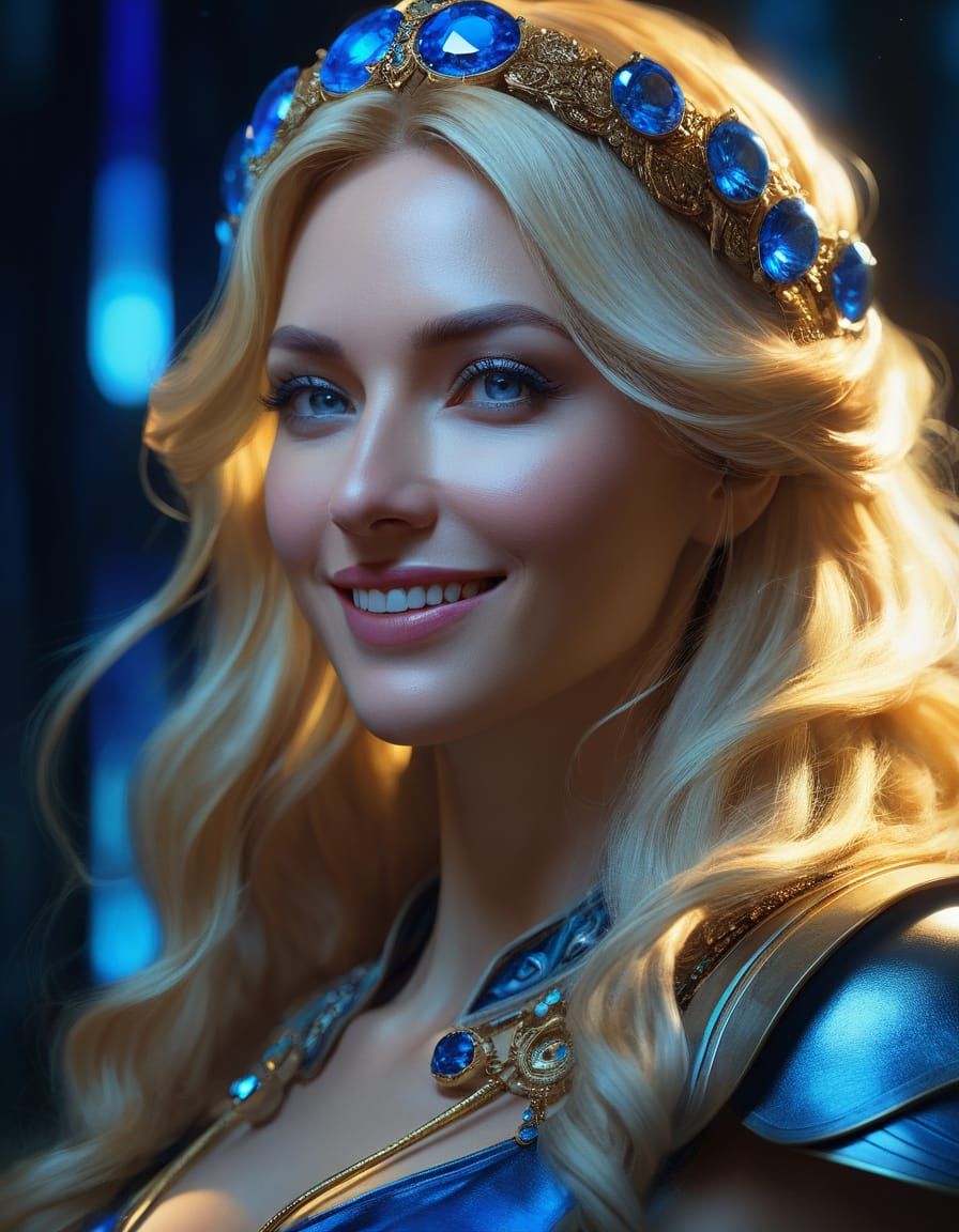 Bioluminescent Sapphire Woman in Crystal Cave Portrait