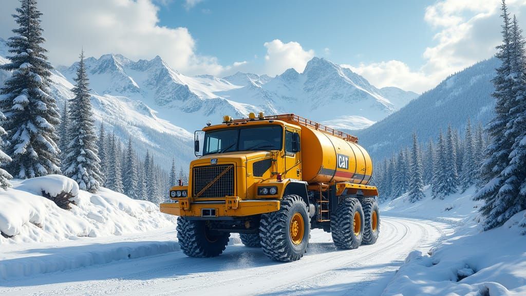 Caterpillar Tanker Truck on Snowy Mountain Road