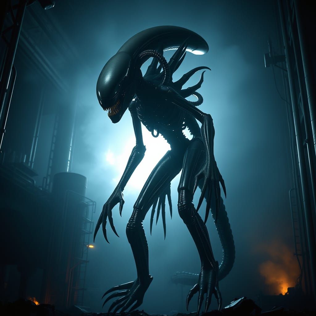 Ethereal, Metallic Xenomorph in a Dark Industrial Hellscape