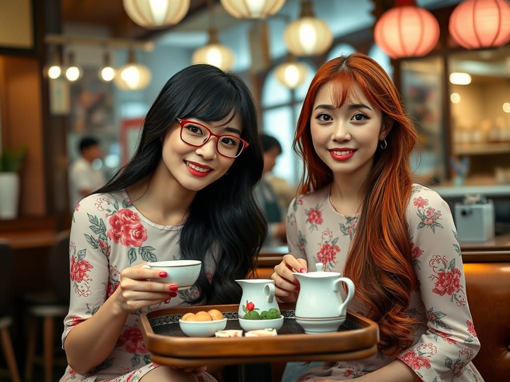 Two Women Enjoy Tea and Sweets in a Cozy Japanese Café
