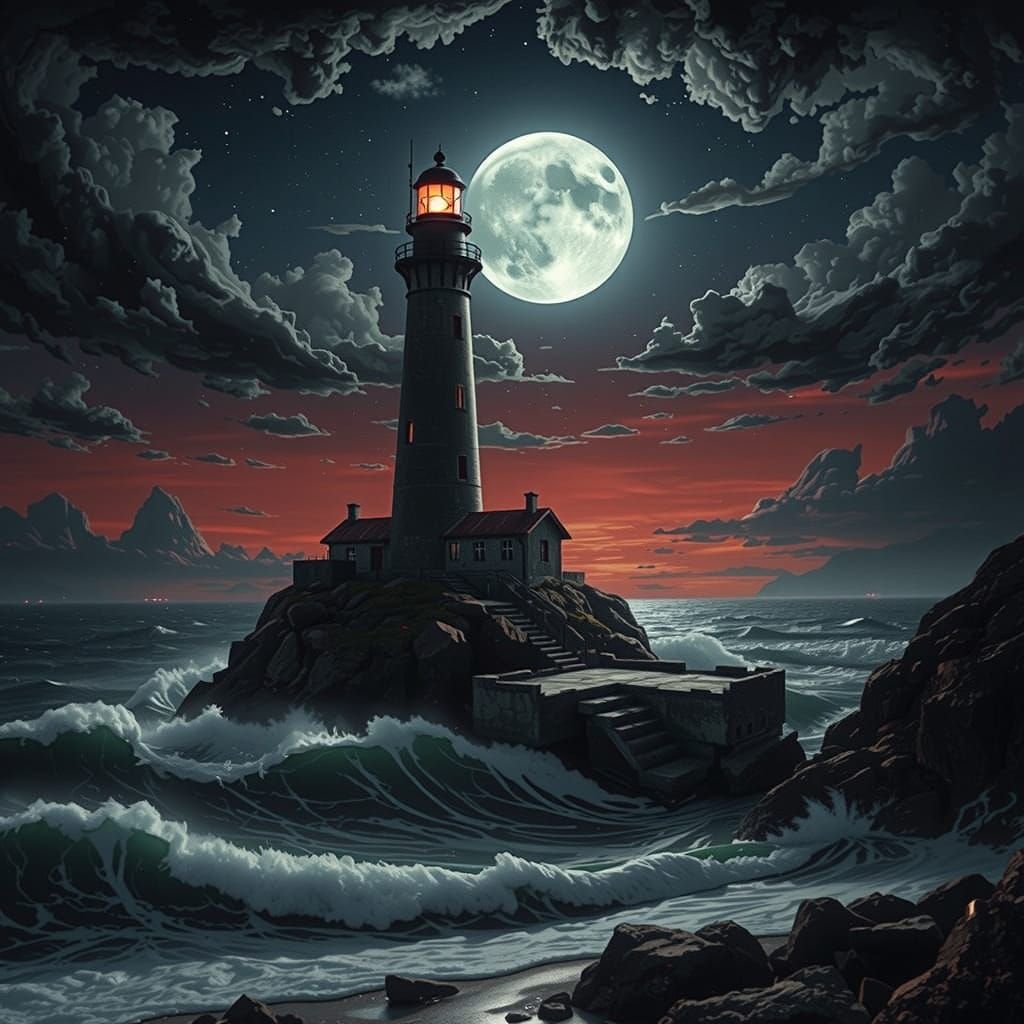 Night Lighthouse with Volumetric Lighting Effects