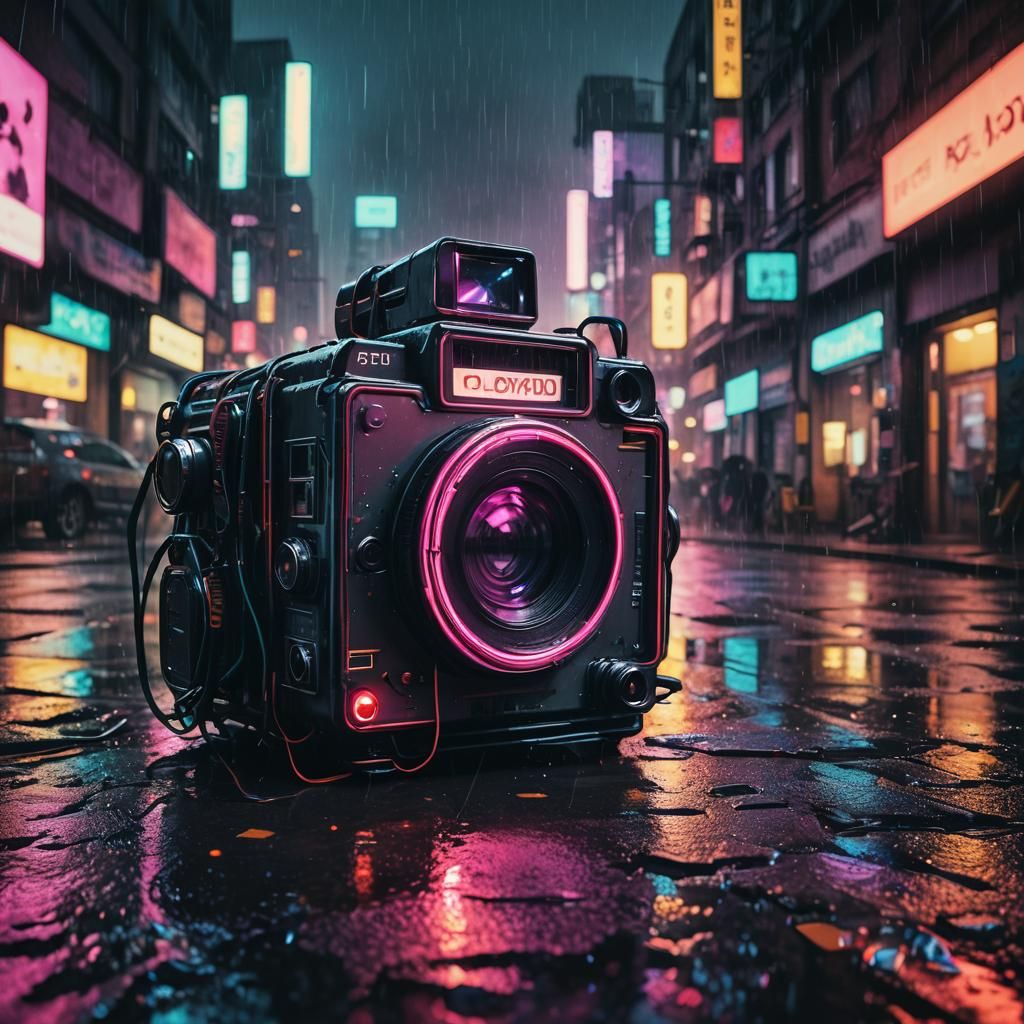 Cyberpunk Polaroid Camera in Rainy Futuristic City
