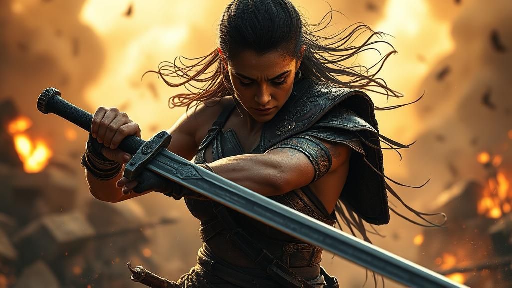 Epic Female Warrior in Battle, Cinematic Lighting