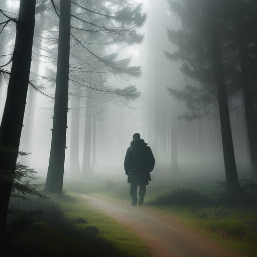 Misty Forest Path with Silhouetted Traveler in Ethereal Matt...