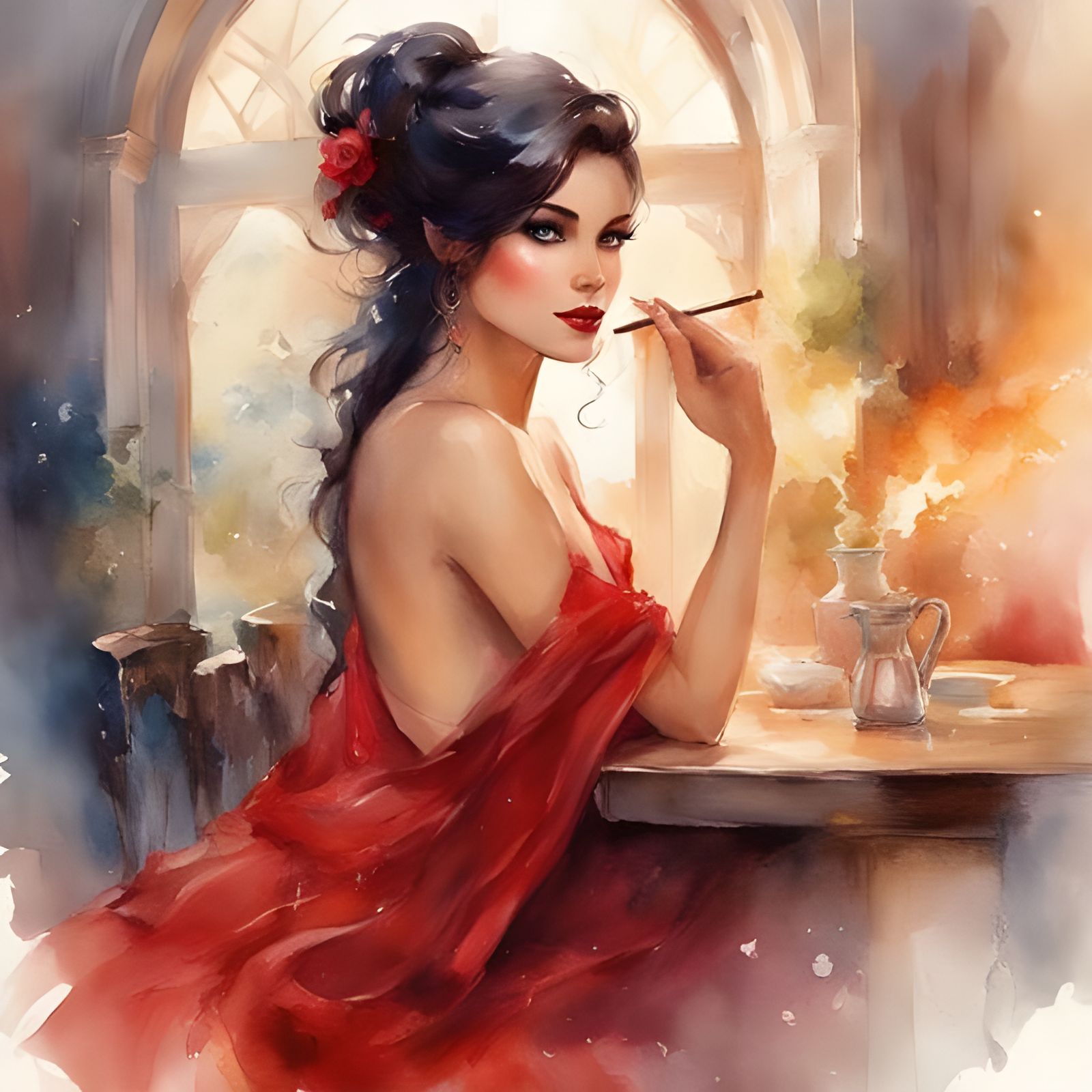 Beautiful Woman in Lingerie, Watercolor Style