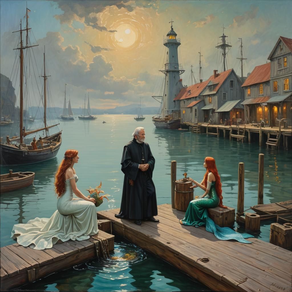 Priest and Mermaid Chat at the Dock