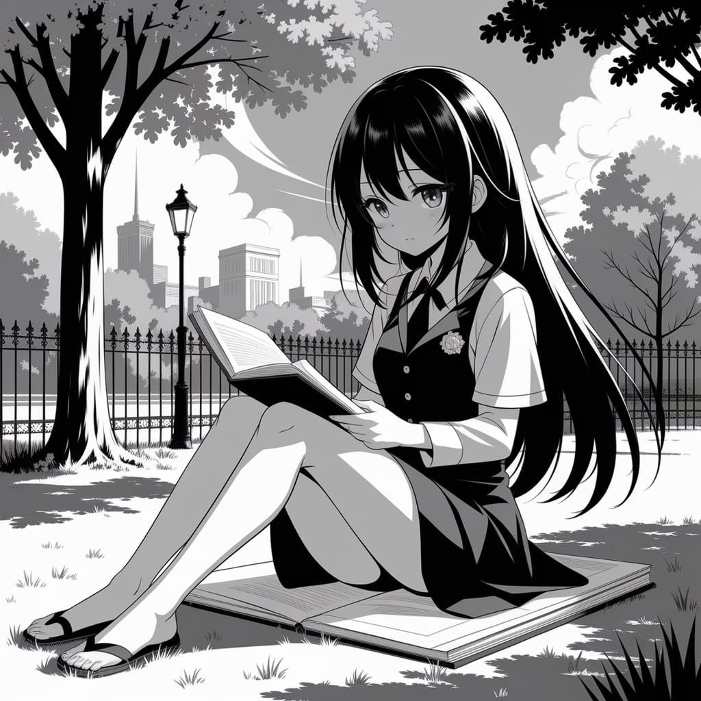 Anime Girl Reading in Park, Black and White